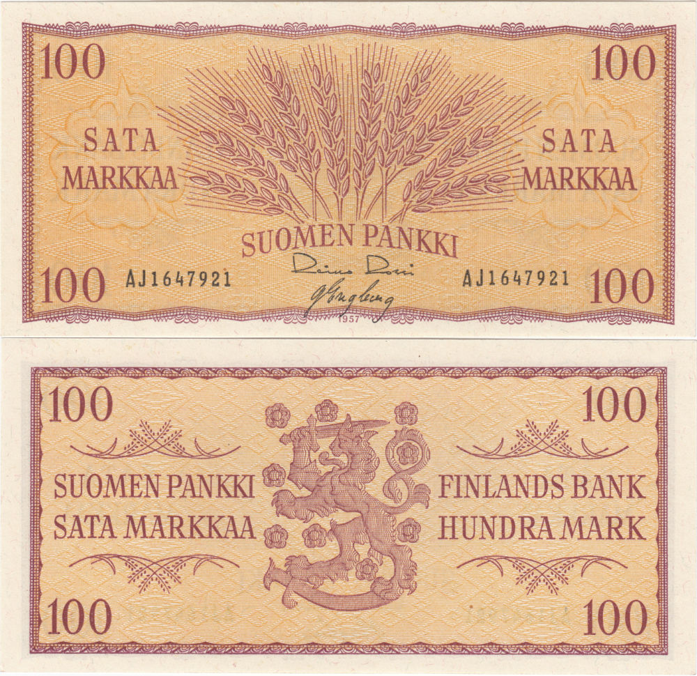 100 Markkaa 1957 AJ1647921 kl.9